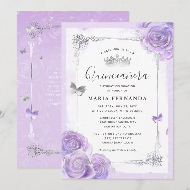 Silverljus Lila Rosor Elegant Quinceanera Inbjudningar (Fram/baksida)