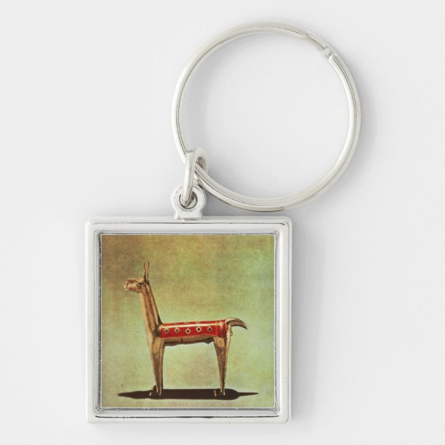 SilverLlamaFigurine, från Peru, efter 1438 Fyrkantig Silverfärgad Nyckelring (Framsidan)