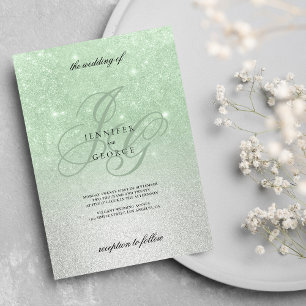Silvermint initialer med ombre-glitter bröllop inbjudningar