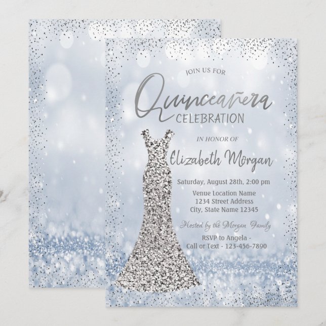 Silverpärlklänning Confetti Bokeh Quinceañera Inbjudningar (Fram/baksida)