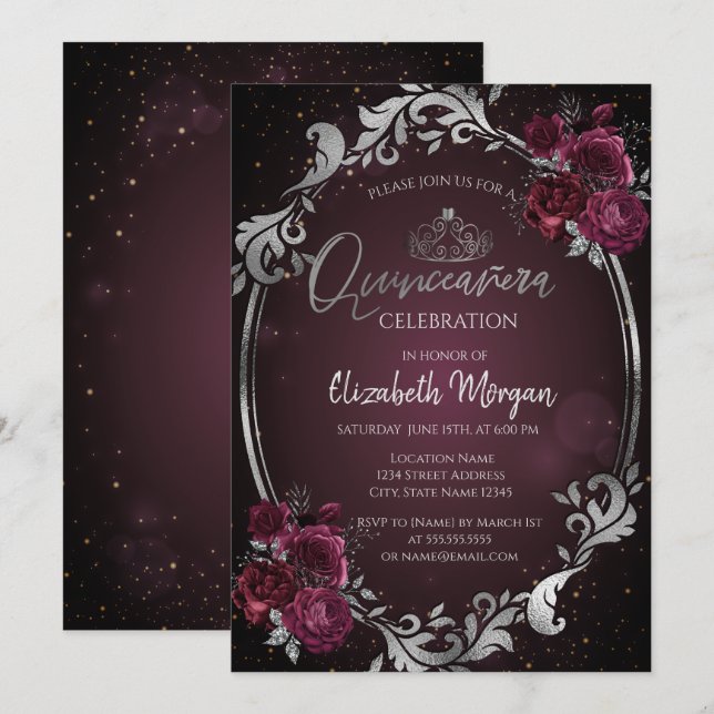 Silverram Burgunderrosor Mörk Quinceañera  Inbjudningar (Fram/baksida)