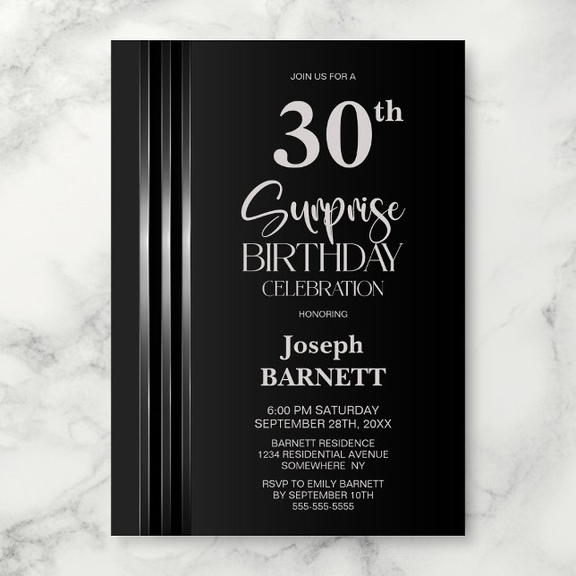 Silverrandig svart grå 30-års överraskningsfödelse inbjudningar (Skapare uppladdad)