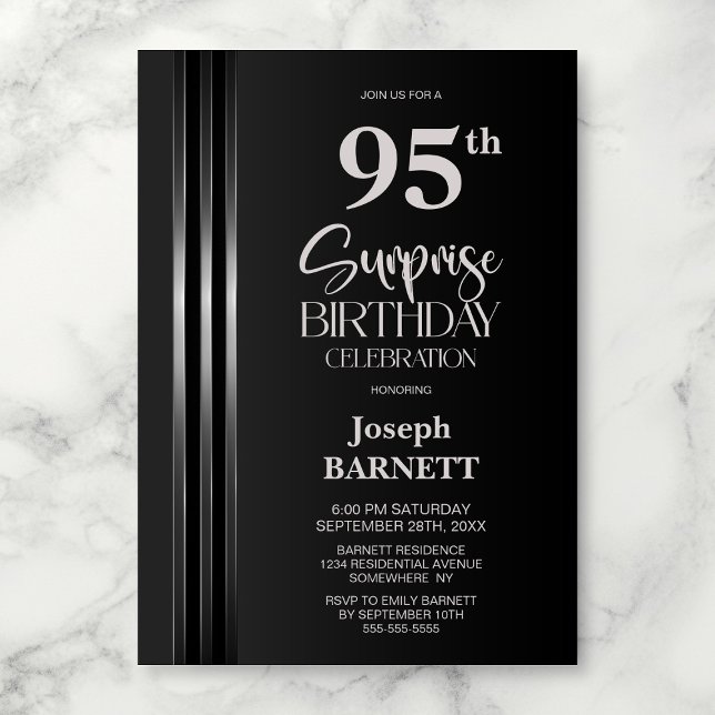 Silverrandig svart grå 95-års överraskningsfödelse inbjudningar (Skapare uppladdad)