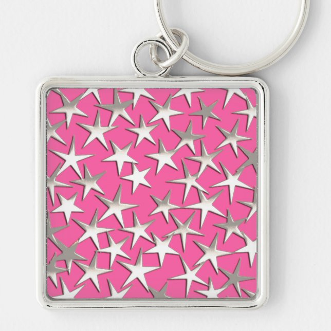 Silverstjärnor på fuchsia rosa fyrkantig silverfärgad nyckelring (Framsidan)