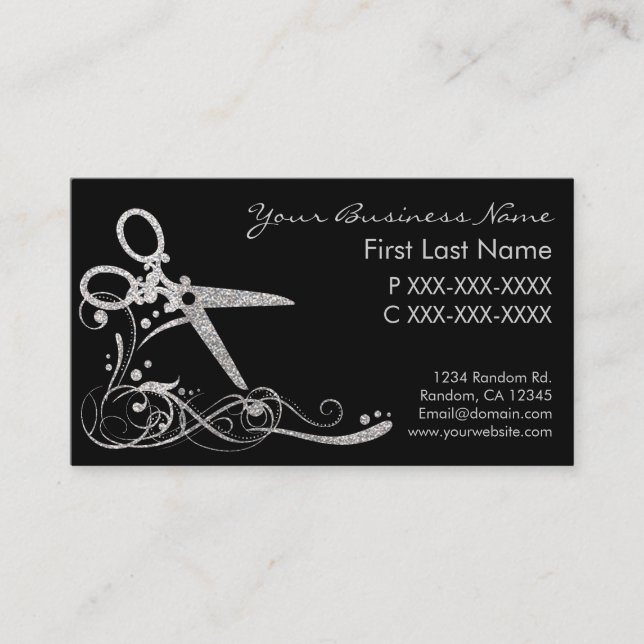 Silversvartglitter virvlar runt visitkort (Framsida)