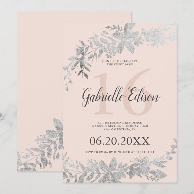 Silvertypografi Blommig rosa Sweet 16 Inbjudningar (Fram/baksida)