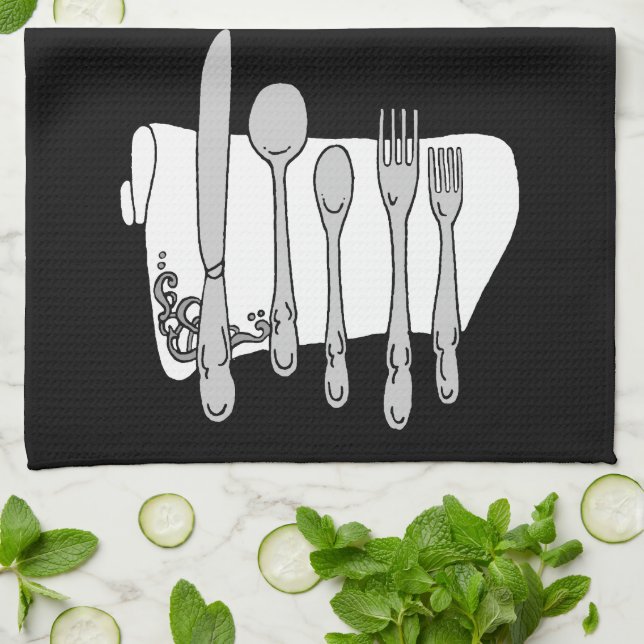 Silverware Black White-design Kökshandduk (Vikta)