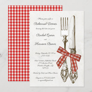 Silverware och Red Checksal Rehearsal Dinner Inbjudningar