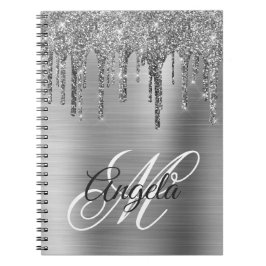 Silvery Brushed Foil Glitter Drip Finare Monogram Anteckningsbok