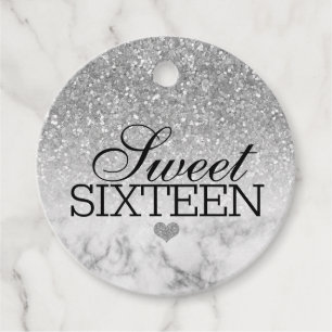 Silvery Faux Glitter/Marble Sweet 16 Gåvor Etiketter