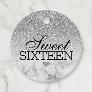 Silvery Faux Glitter/Marble Sweet 16 Gåvor Etiketter