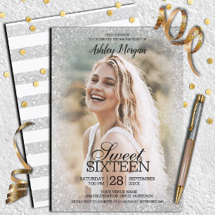 Silvery Glitter Photo Template Sweet 16 Party Inbjudningar