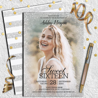 Silvery Glitter Photo Template Sweet 16 Party Inbjudningar