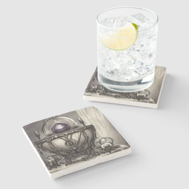 Silvery Ornate Cauldron med Lila Crystal Boll Stenunderlägg (Sidan)