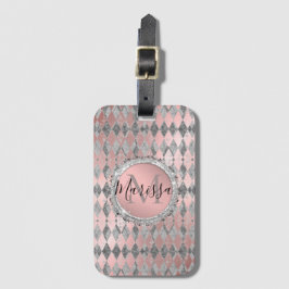 Silvery Rosa Glittery Harlequin Monogram Bagagebricka