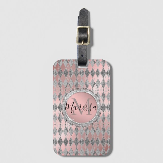 Silvery Rosa Glittery Harlequin Monogram Bagagebricka (Framsida vertikal)