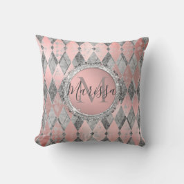 Silvery Rosa Glittery Harlequin Monogram Kudde