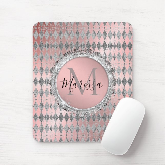 Silvery Rosa Glittery Harlequin Monogram Musmatta (Med mus)