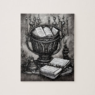Silvery Steampunk Cauldron Spellbooks and Potions Pussel