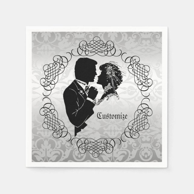 Silvery White Bride & Groom Silhouette Napkins Pappersservett (Framsidan)