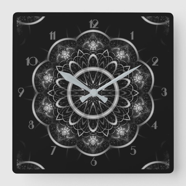 Silvrig Filigree Mandala Fyrkantig Klocka (Framsida)