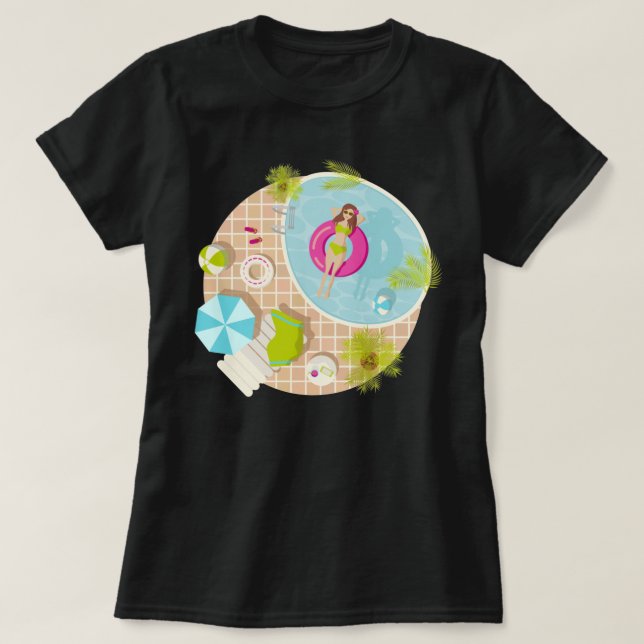 Simbassäng flicka i bikini sommar strand t shirt (Design framsida)