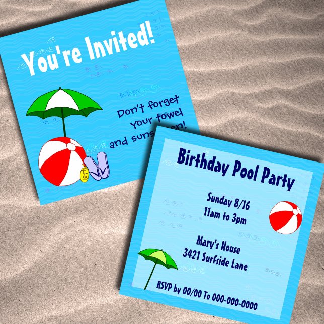Simbassäng tema anpassade festinbjudningar inbjudningar (Beach or Pool Party Custom Invitations)