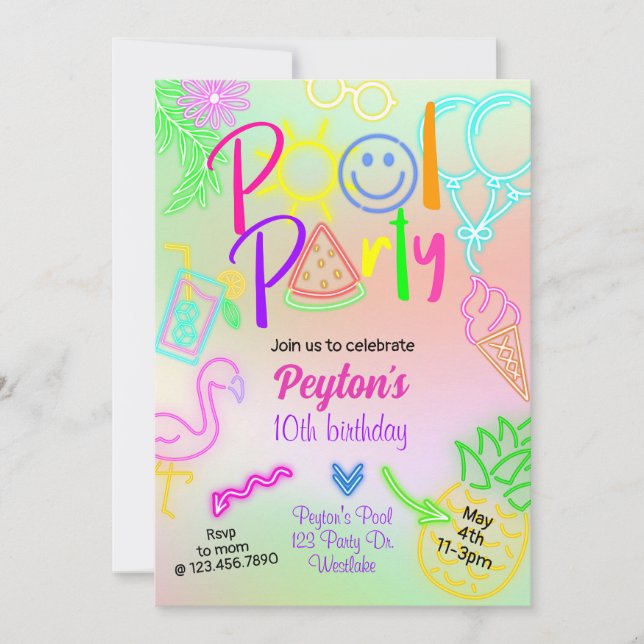 Simbassängfest, Glödparty, Neon glöder i mörkret, Inbjudningar (Framsida)