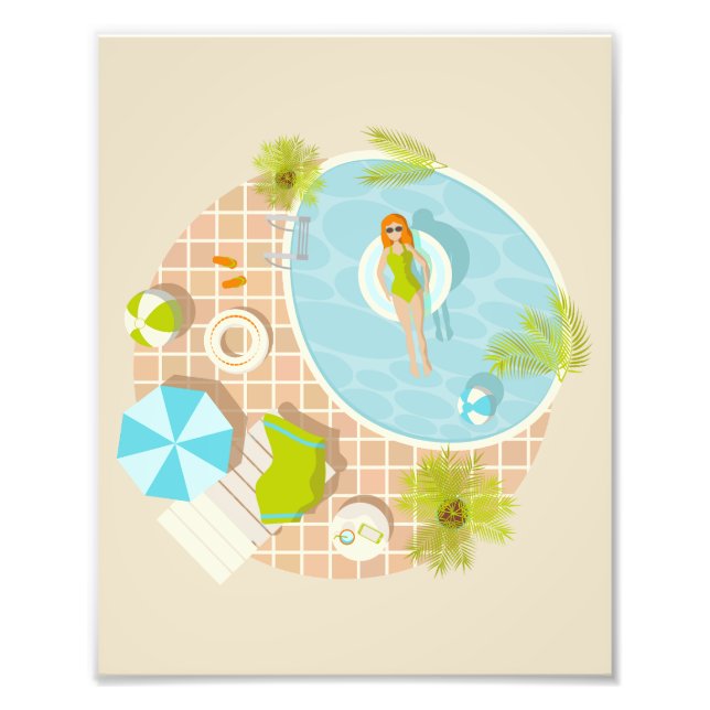 Simbassängfesttjej i bikinisommarstrand  fototryck (Framsidan)