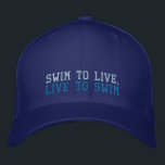 Simma att leva, leva till simma, broderad hatt broderad keps<br><div class="desc">Visa din kärlek att simma med den här slogan och simma med broderad hatt. Läser Simma till Live,  live till Simma. Underbar gåva till simmare och simmor.</div>