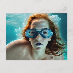 Simma av vackert rödhårig Woman Scuba Glasses Vykort