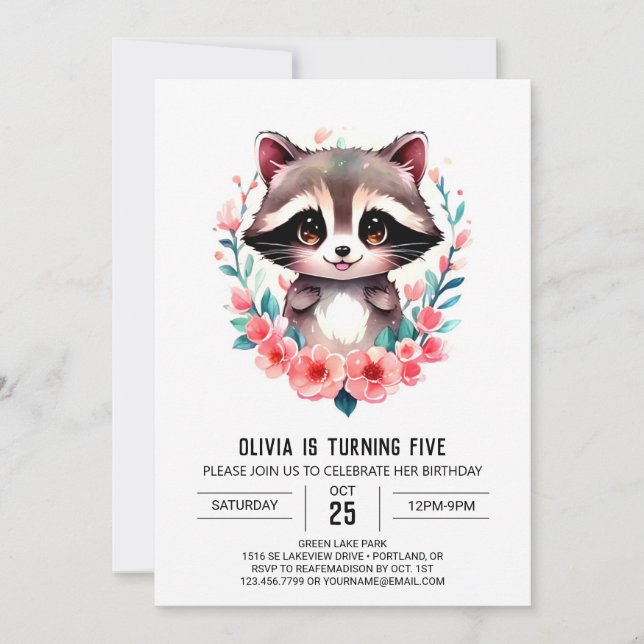 Simma barnens Raccoon Girl Birthday Inbjudningar (Framsida)