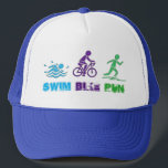 Simma Bike Springa Triathlon Triathlete Tävling Keps<br><div class="desc">Utformningen innehåller en originalbild av en simmare,  cyklist och springer. Underbar för din favorittriatlet! Koordinerar tillgängliga triathlon-produkter.</div>