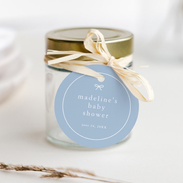 Simma, dammiga, blå pojkar, babydusch gåvor etiketter (Simple bow dusty blue boys baby shower favor tags.)