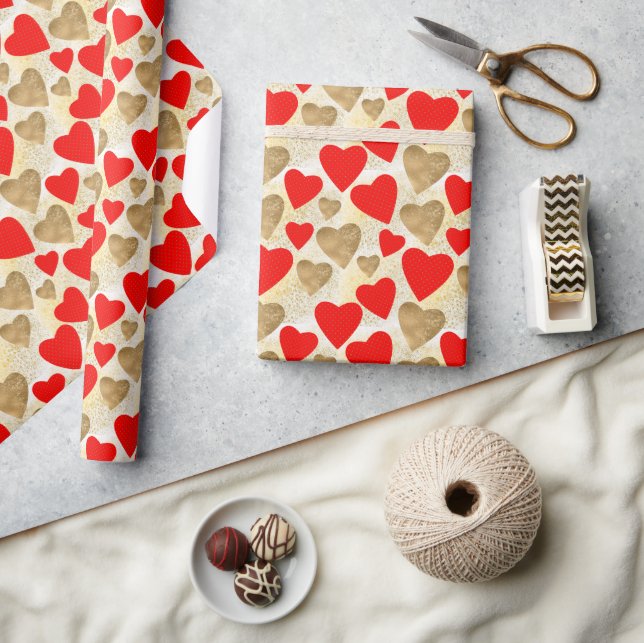 Simma Hearts Mönster i Red & Faux Guld Glitter Presentpapper (Hantverk)