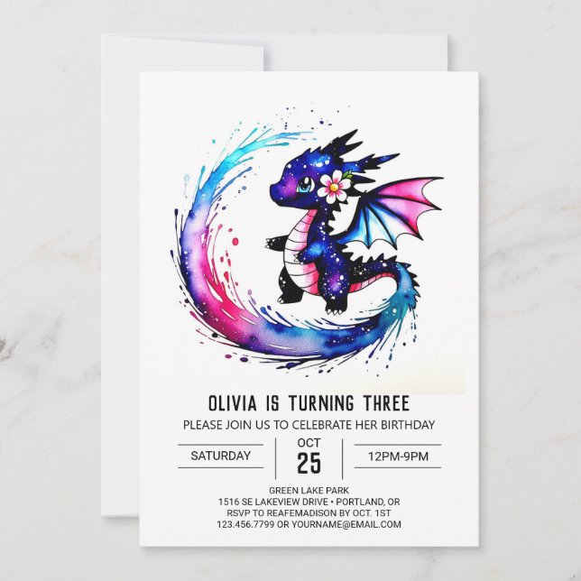 Simma Majestic Dragon Digital Girl Birthday Inbjudningar (Framsida)