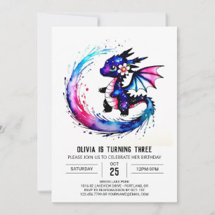 Simma Majestic Dragon Digital Girl Birthday Inbjudningar