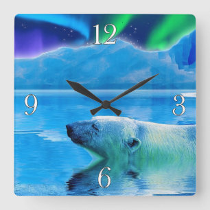 Simma Polar Bear & Aurora Art Clock Fyrkantig Klocka