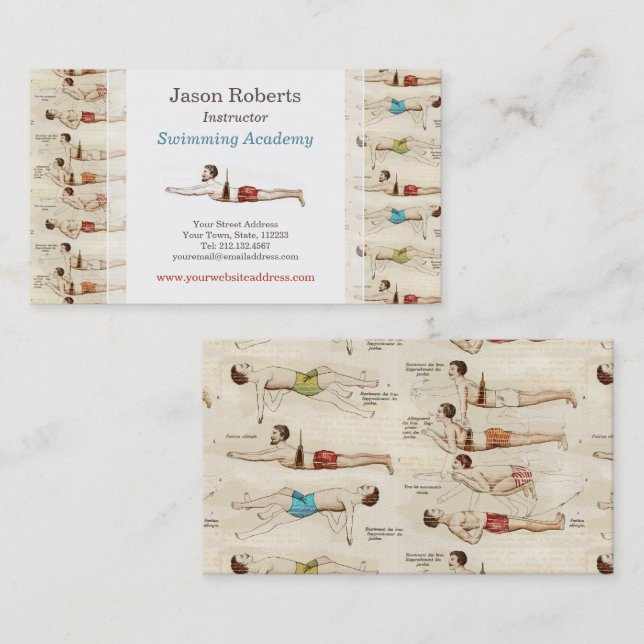 Simma School Swimming Teacher Vintage Fransk Visitkort (Fram/baksida)