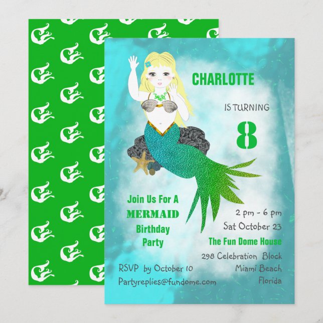 Simma Sjöjungfru Cute Girly Födelsedagsfest Inbjud Inbjudningar (Fram/baksida)