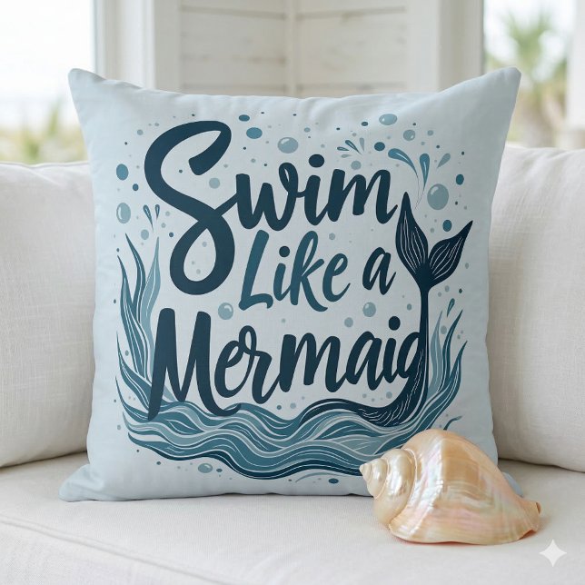 Simma som en Havsjungfru Whimsisk Ocean Citat Kons Kudde (Swim Like a Mermaid Whimsical Ocean Quote Art Throw Pillow On Couch)