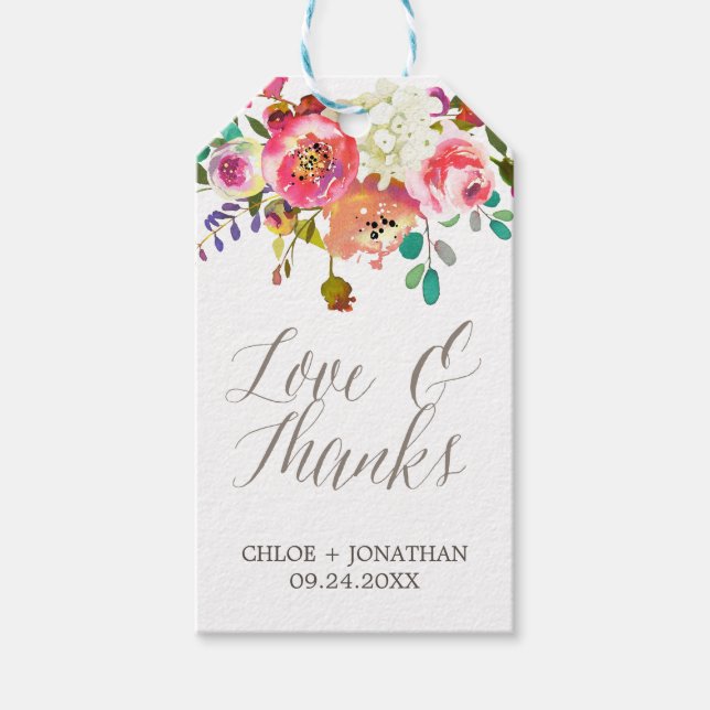 Simma vattenfärgen Bouquet "Kärlek & Tack" Bröllop Presentetikett (Framsidan)