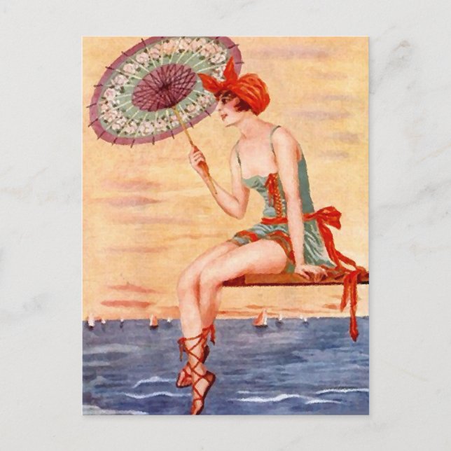 Simman för Beach Flapper Girl Postcard Parbrella C Vykort (Framsida)