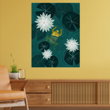 Simmande groda i näckrosdamm om natten - Affisch