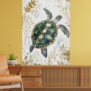 simmande havssköldpadda omgiven av blommönster. poster