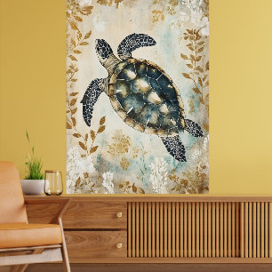 simmande havssköldpadda omgiven av blommönster. poster