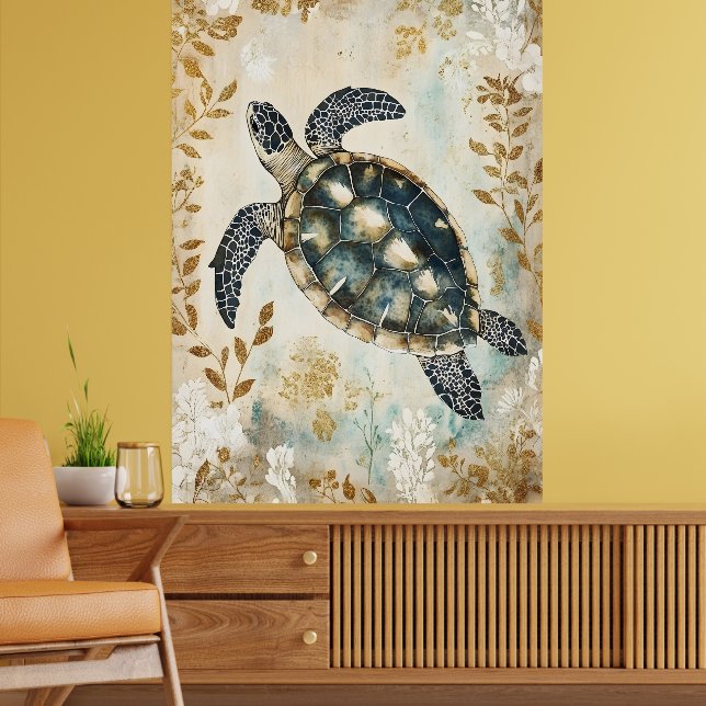 simmande havssköldpadda omgiven av blommönster. poster (Vardagsrum 2)