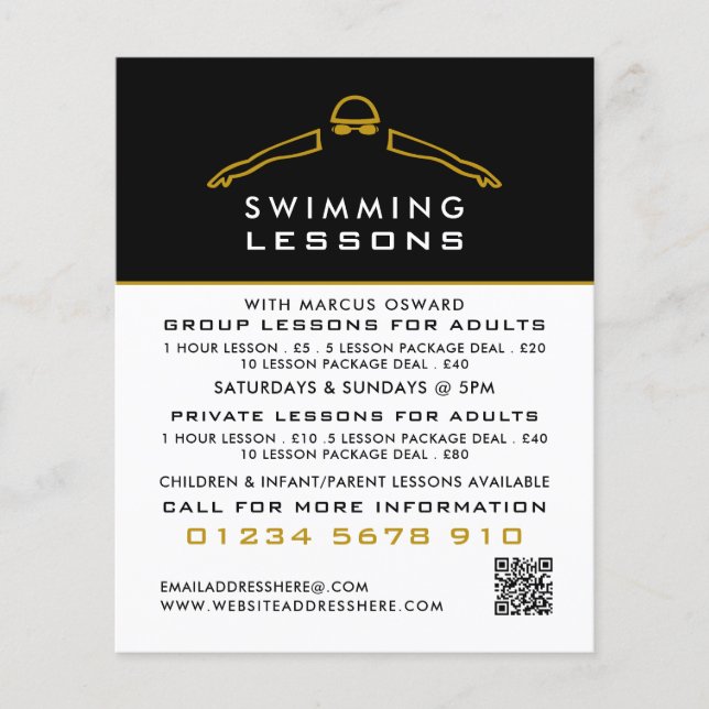 simmande ikon i guld, simmande Lesson-reklam Flygblad (Framsidan)