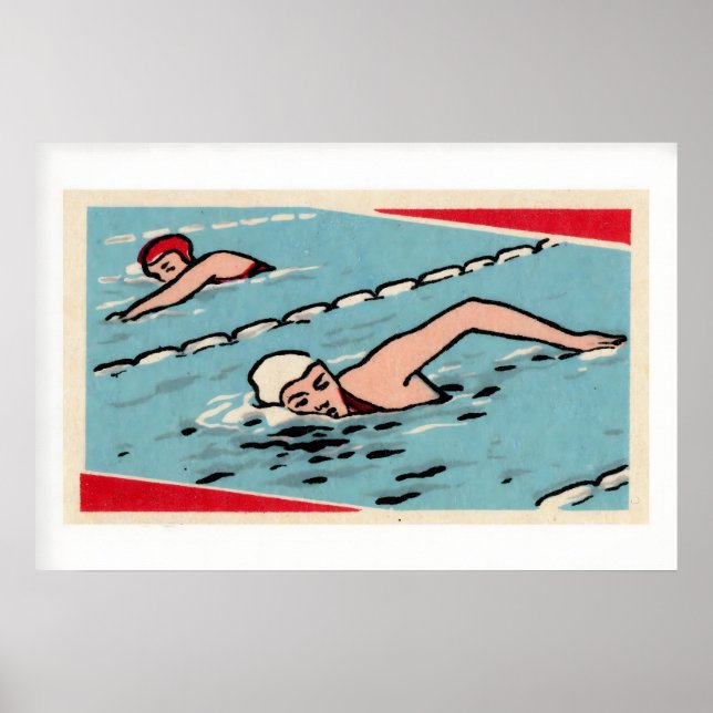 Simmare Pool Blå Röd Vit Vintage Tändsticksask Poster (Framsidan)
