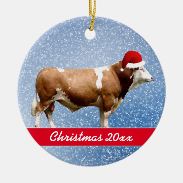 Simmental Bull och Santa Hat Ceramic Ornament (Framsidan)